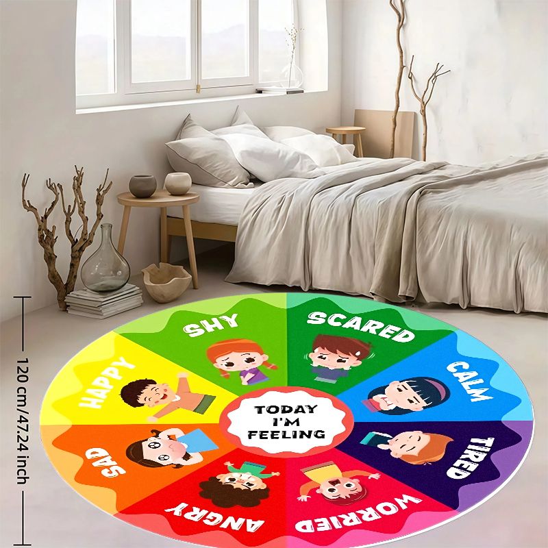 Kids Education Room - سجادة دائرية للأطفال بتصميم عجلة المشاعر،