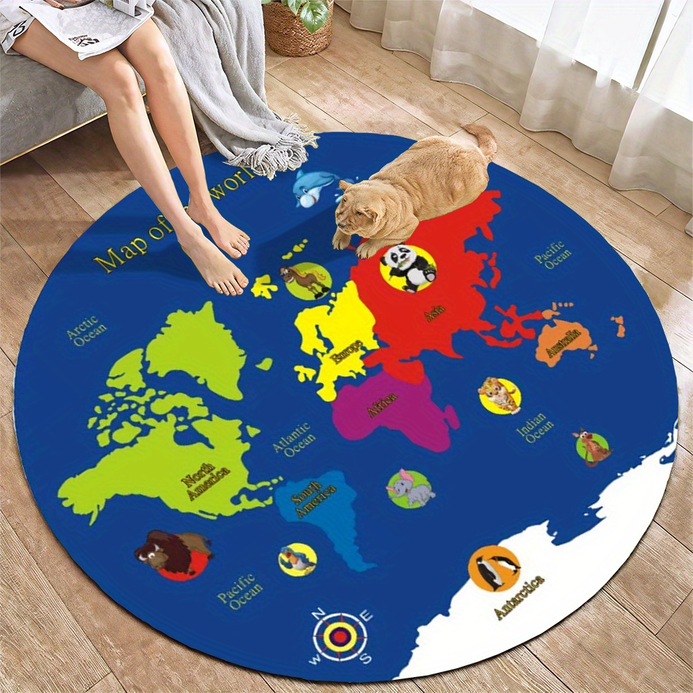 Kids Education Room - سجادة دائرية بتصميم خريطة العالم من